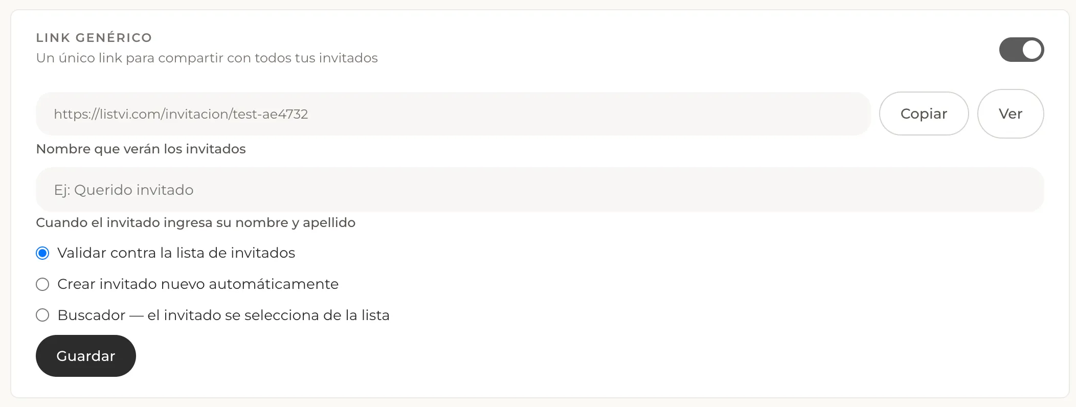 Configuración del link genérico en el dashboard